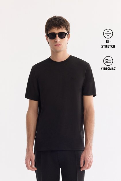 Men's Black Crew Neck Bi-Stretch Wrinkle-Free Printed Regular Fit T-Shirt B001040