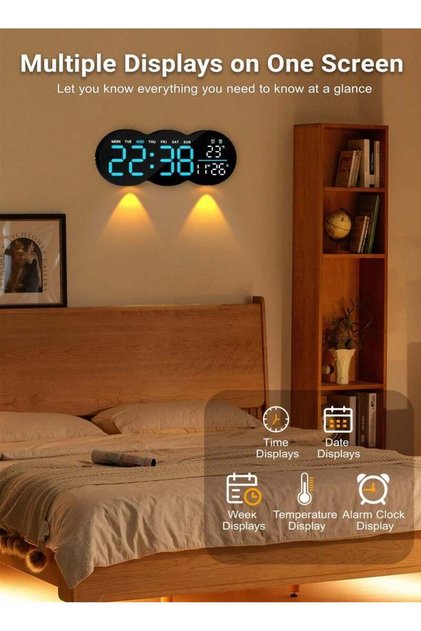 ساعة حائط رقمية، شاشة LED مع جهاز تحكم عن بعد ومؤشر درجة الحرارة، لغرفة معيشة عصرية