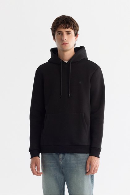 Men's Black Hooded 3 Thread Ruched Regular Fit Sweatshirt B001103