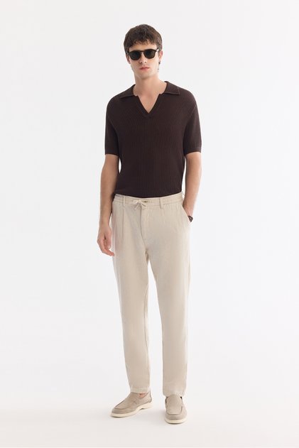 Men's Beige Waist Lace-Up Linen Blended Chino Relaxed Fit Trousers B003036