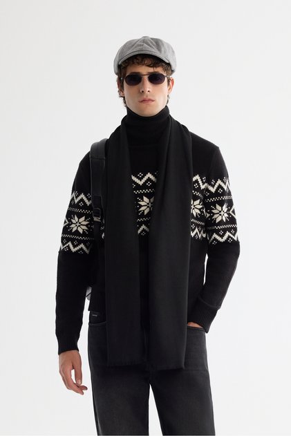 Men's Black Full Turtleneck Snow Pattern Soft Touch Knitwear Regular Fit Sweater A42Y5147