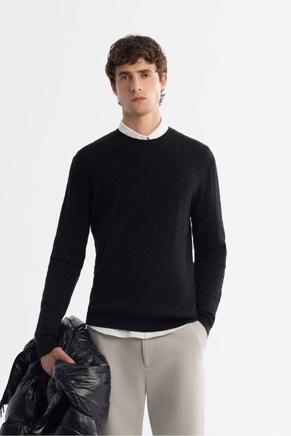Men's Black Crew Neck Jacquard Soft Touch Knitwear Regular Fit Sweater A42Y5145