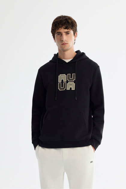 Men's Black Hooded Cotton Printed Elastane Regular Fit Sweatshirt A42Y1324