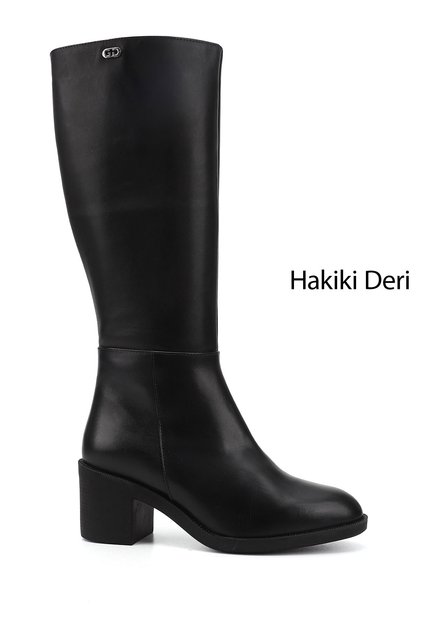 Women's Black Zippered Thick Heeled Genuine Leather Boots