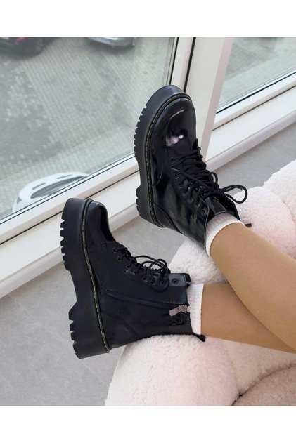 Martines Patent Leather Black Women's Lace-up Zipper Detailed Leather Boots