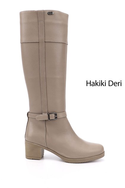 Women's Beige Zippered Thick Heeled Genuine Leather Boots