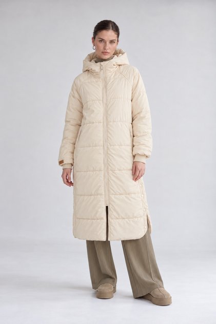 Beige Inflatable Jacket with Snap Detail on the Sides Hooded