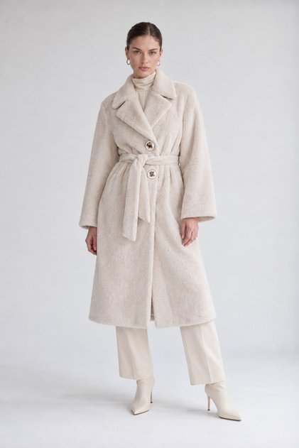 Beige Belted Fur Coat