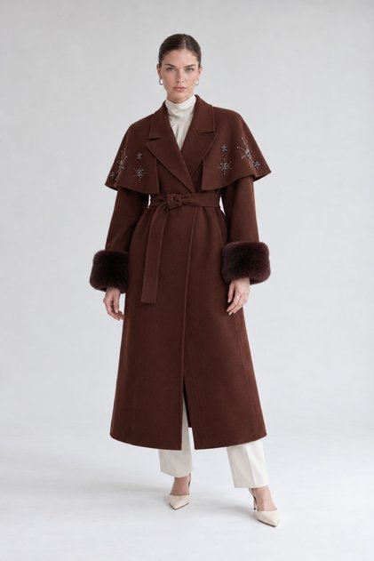Cape-Style Detailed Coat, Coffee