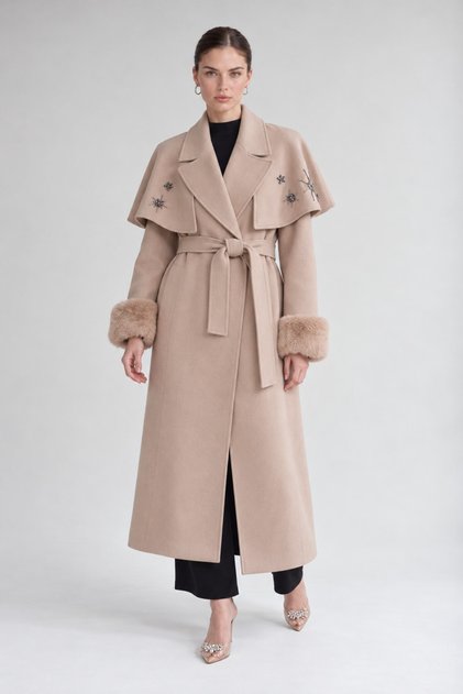 Cape-Style Detailed Coat, Beige