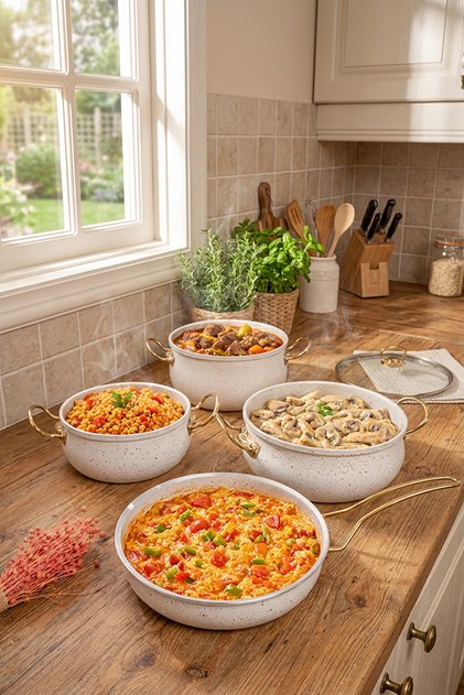 9 Piece White Granite Cookware Set - with Metal Handle and Stuffed Strainer Gift