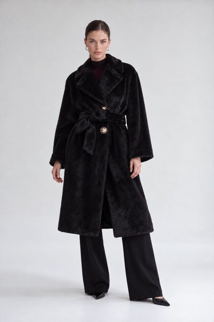 Black Fur-Trimmed Coat with Belted Design