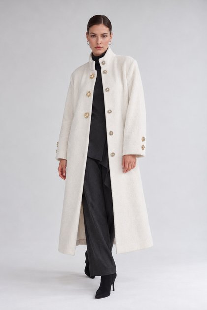 Gold Accessory Detail Fur Coat, Ecru