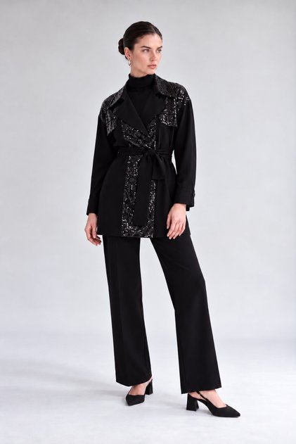 Black Sequin-Detailed Jacket Set with Belt