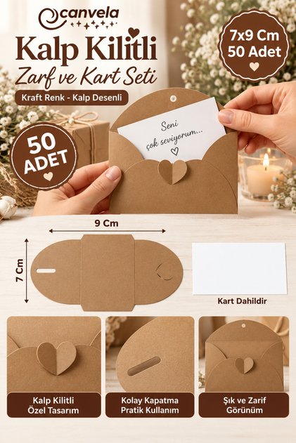 50 Adet Kalp Kilitli Mini Kraft Hediye Zarfı ve Kart Seti