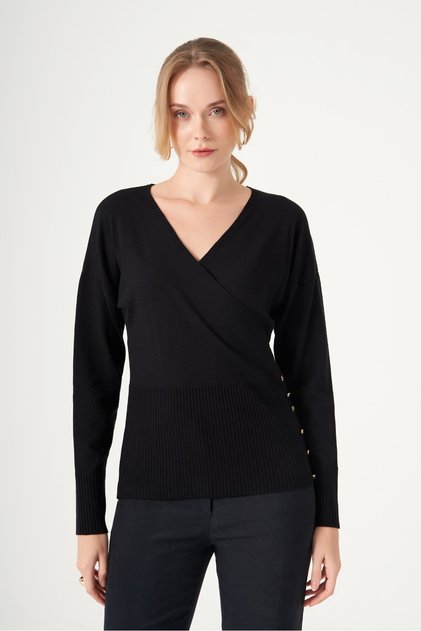 Women's Button Detail Double Breasted Sweater Black 25298