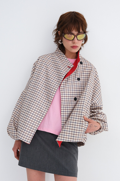 Double-Breasted Collared Plaid Jacket C19054