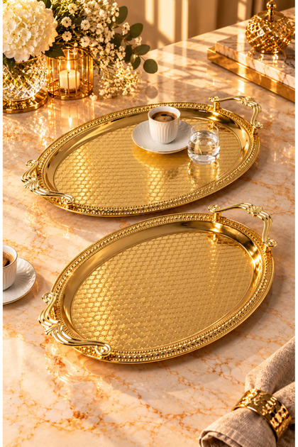 Stainless Steel Oval Silver Tray Set of 2 – Serving and Presentation Tray with Gold Handles, Tarnish-Free & Fade-Resistant