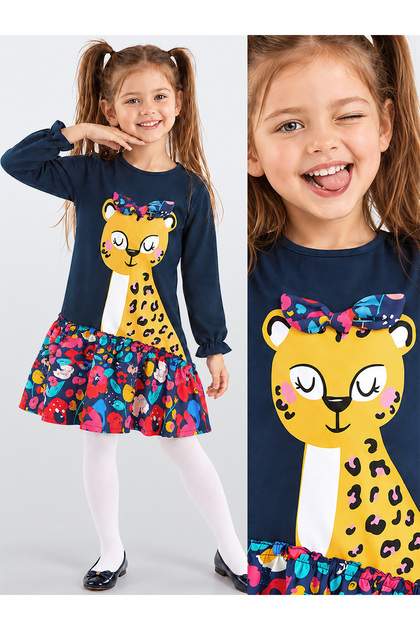Floral Leopard Ruffled Navy Blue Girl's Dress
