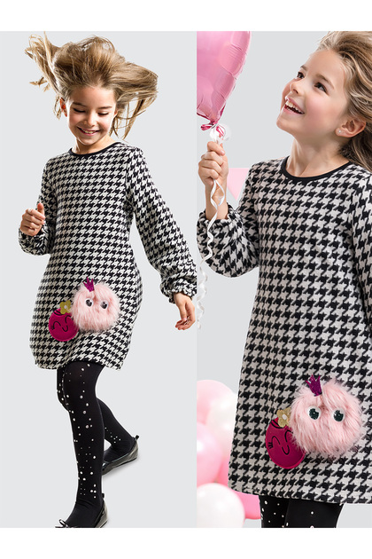 Girl's Winter Woven Black Appliqued Long Sleeve Dress 2-8 Years