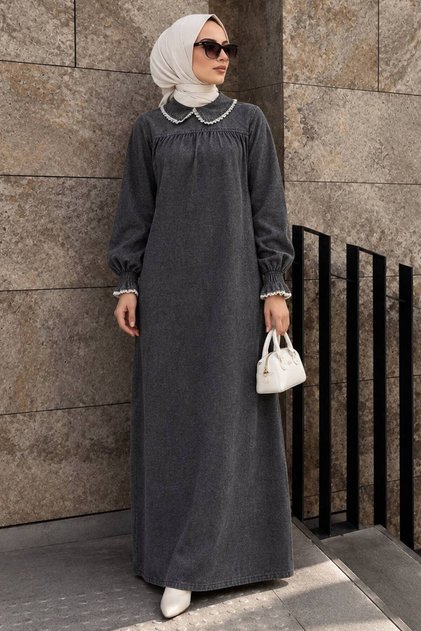Baby Collar Denim Anthracite Hijab Dress 19123Ant