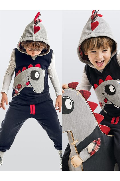 Dino Boy Sleeveless Vest Hooded Tracksuit Set