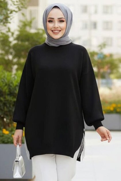 Schwarze Hijab-Pullover-Tunika mit Kettendetail 17202S