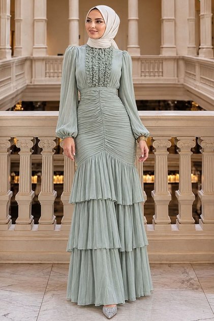 Ruffle Detailed Mint Hijab Evening Dress 50271Mint