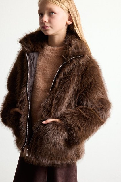 Warm Standing Collar Zippered Faux Fur Jacket Coat Girls G2763A825Wn