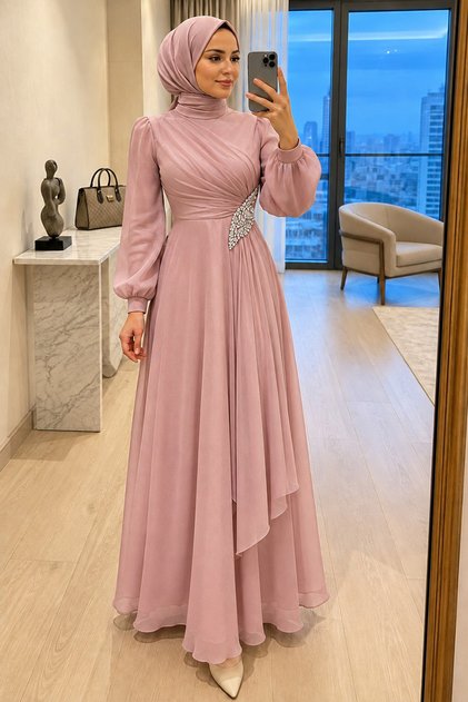 Sparkling Fabric Draped Powder Hijab Evening Dress 4916Pd