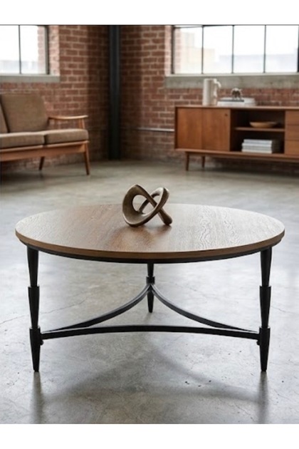 Modern Design Round Coffee Table with Wood Top and Black Metal Base