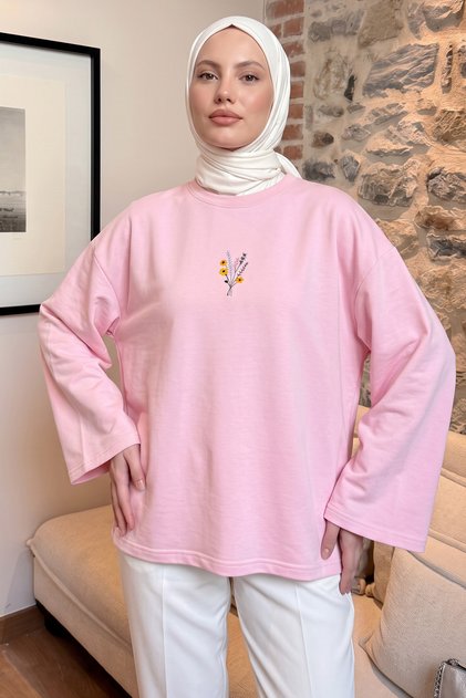 Floral Embroidered Combed Cotton Blouse 13137 - Light Pink