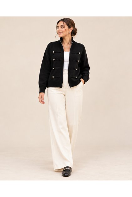 Plus size button-accessory zippered knit cardigan - black