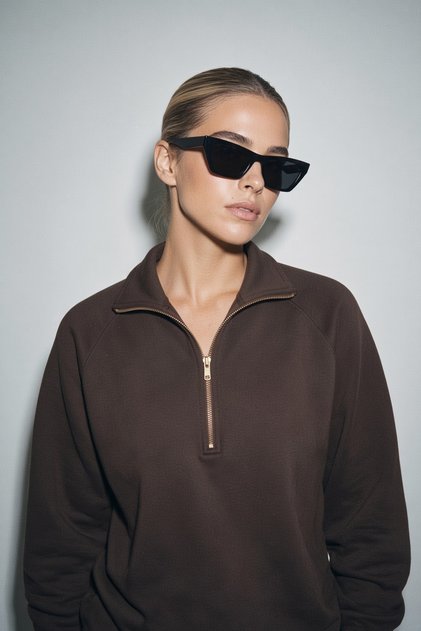 Women's Brown Oversized 2-Ply Mock Neck Half-Zip Sweatshirt