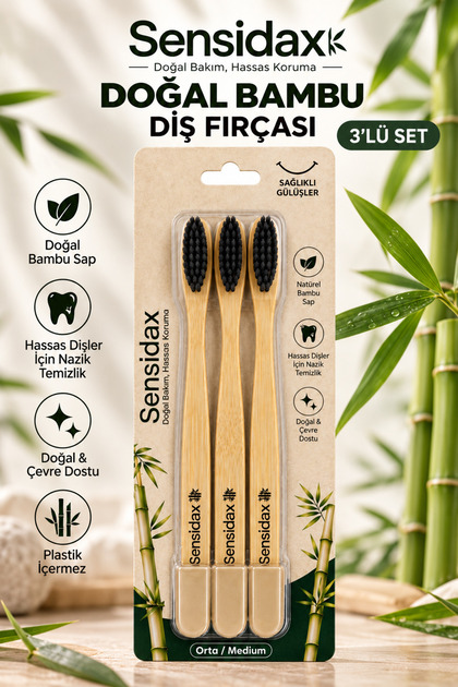 Natural Bamboo Toothbrush 2+1 Pieces -Medium-Medium