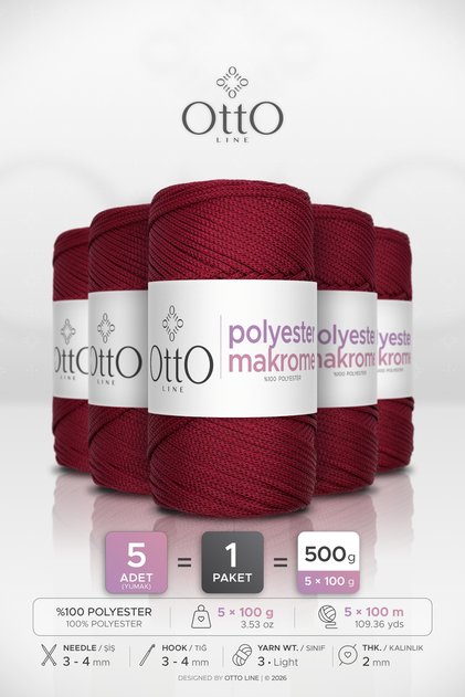 Polyester Makrome • Burgundy • 5-Pack × 100 Gr / 100 m • 2 mm • Supla, Bag, Accessory Cord