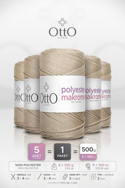 POLIESTER MACROME • Bej • Pachet de 5 × 100 gr / 100 m • 2 mm • Supla, Geantă, Șnur pentru accesorii