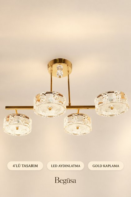 Leya 4'lü Ledli Avize Gold Kaplama | Modern Dekoratif Sarkıt Tavan Aydınlatma | Şık ve Zarif Tasarım | Salon, Oturma Odası, Yemek Odası ve Yatak Odası İçin Modern Ev Aydınlatması