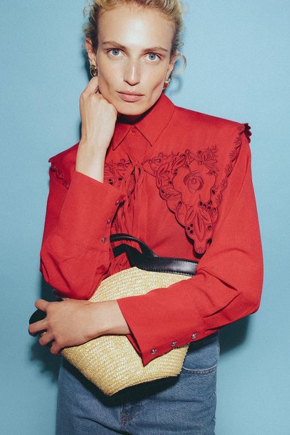 Embroidery Detail Wide Collar Shirt