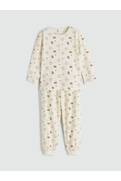 Ecru Crew Neck Printed Girls' Pajama Set (S6)