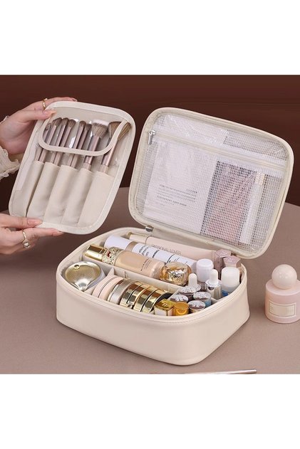 Khaki New PU leather makeup bag with large capacity, portable, and high-end outdoor feel, layered an