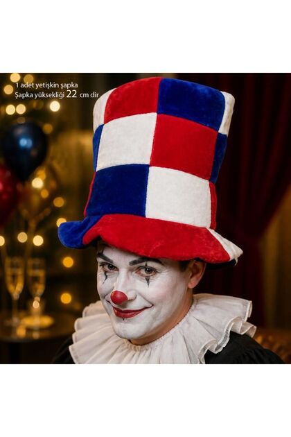 Kırmızı Lacivert Beyaz Renk Damalı Uzun Kumaş Şapka Halloween
