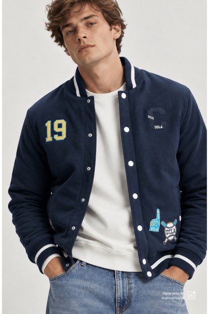 PEDRO Navy Blue Printed and Embroidered Standard Fit Men's Coat