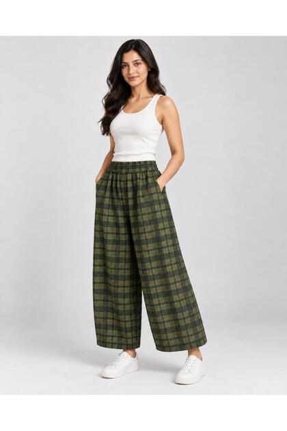Women's Khaki 8253 Gabardine Plaid Trousers with Elastic Waist