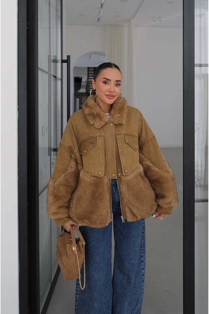 Camel Imported Fur-Trimmed Denim Jacket