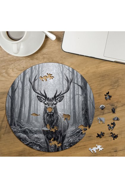 Special-Cut Round 272-Piece Wooden Puzzle with Deer Design in a Foggy Forest MPDA3044