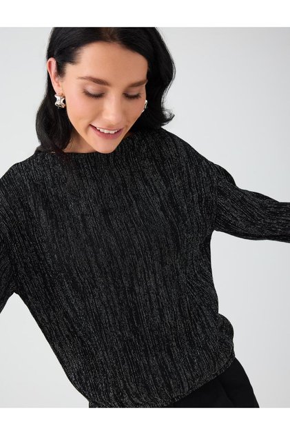 Black Boat Neck Blouse with Puff Sleeve Detail and Embellished Collar Detail