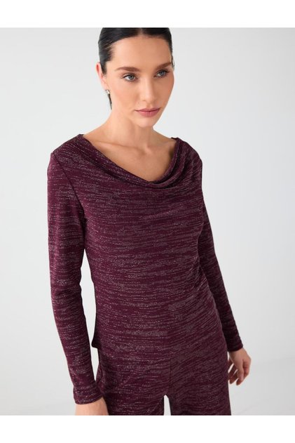 Burgundy Cowl Neckline Loose-Fitting Blouse with Sequin Details