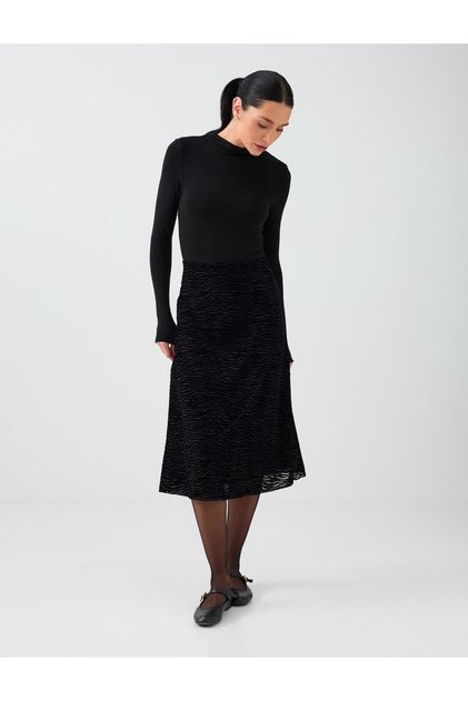 Black Zebra-Print High-Mesh Midi Skirt