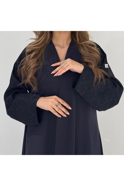 Navy Crepe Abaya with Navy Jacquard Sleeves